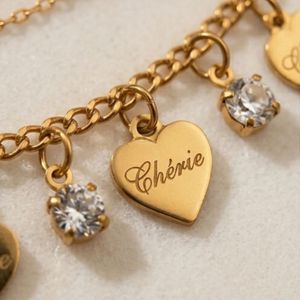 <b>Gold</b> Plated Brass Heart Name <b>Anklet</b> with Zircon dangly heart <b>anklets</b> - Product Image 4