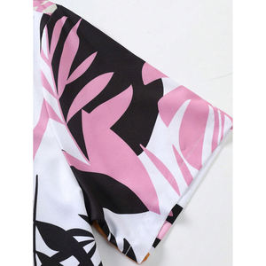 Chemise boutonnée à manches courtes pour hommes, rose et blanc, à motifs de feuilles tropicales, ensemble 2 pièces avec short assorti, tenue de plage hawaïenne décontractée - Product Image 5