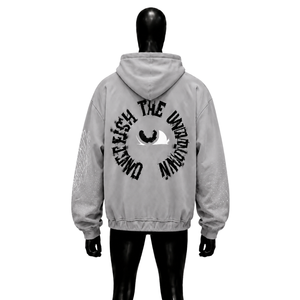 Sweat à capuche zippé oversize gris argenté avec motif graphique, style Y2K Streetwear Grunge Urbain, imprimé vintage, unisexe, mode décontractée - Product Image 1