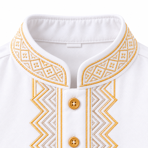 Qamis blanc pour bébés garçons, manches longues, en coton brodé à motif géométrique, col montant, vêtement de prière islamique long - Product Image 6