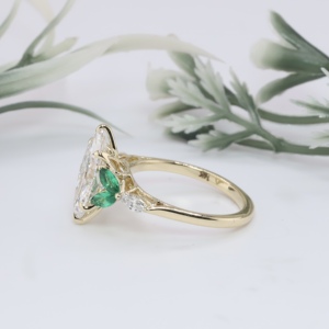 Vintage Yellow Gold Marquise Lab Grown Engagement <b>Ring</b> Green Emerald Side Accent Lotus <b>Crown</b> Filigree Solitaire Wedding <b>Ring</b> - Product Image 2