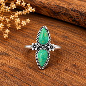 Anillo de Turquesa Verde con Dos Piedras en Forma de Pera, Hecho a Mano, Estilo Bohemio Occidental, Diseño Único, Joyería con Piedras Preciosas, Anillo de Moda - Product Image 4