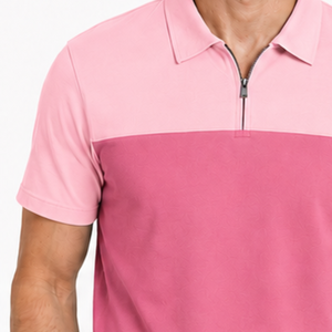 Camisas Polo Premium para Hombre en Bloques de Color Rosa Oscuro y Rosa Claro, Cuello Redondo con Cierre de Cremallera, Manga Corta, Corte Ajustado, Transpirables - Product Image 3