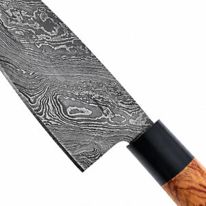 Cuchillo de Chef con Mango de Madera Color Ámbar y Patrón Damasco, con Virola Negra y Hoja Ancha Gris Plateado para Cortar Alimentos en la Cocina - Product Image 6