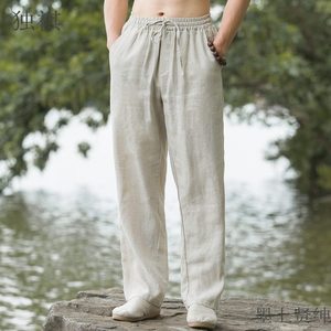Pantalon d'été décontracté pour homme en lin 100% léger, taille mi-haute élastique, coupe large avec cordon de serrage, style chinois tissé - Product Image 2