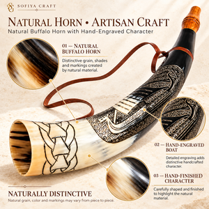 Cuerno Vikingo Grabado y Pulido a Mano, Cuerno Natural de Búfalo, Boquilla de Madera, Correa de Cuero, SOFIYA CRAFT - Product Image 2