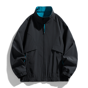 Chaqueta Bomber Negra para Hombre, Cuello Alto, Cierre de Cremallera, Resistente al Viento, Color Sólido, Exterior de Poliéster, Corte Regular, Estilo Casual, para Otoño - Product Image 1