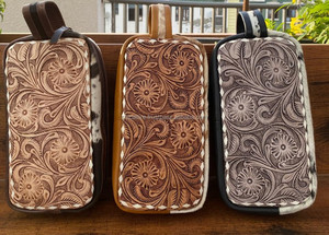 Trousse de maquillage en cuir usiné à la main en cuir de vachette occidentale grande capacité de stockage trousse de toilette de voyage suspendus sacs à cosmétiques multifonctionnels - Product Image 3