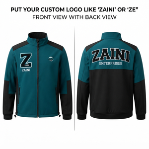 เสื้อแจ็คเก็ตโพลีเอสเตอร์ซอฟต์เชลล์พรีเมียม 320 GSM สีเขียวอมฟ้า แต่งสีดำ ปักโลโก้แบบ Tackle Twill สำหรับงานกลางแจ้ง - Product Image 1