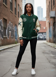 Chaqueta Varsity Verde para Hombre con Parches Bordados y Diseño de Tigre, Estilo Urbano, Ropa de Otoño - Product Image 5