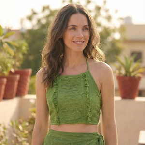 Haut court artisanal en coton vert à col licou, écologique, pour festivals d'été, style bohème chic, mode artisanale, tendance, dos nu - Product Image 1