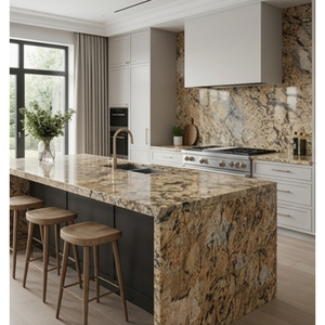 Dalles de granit naturel poli de qualité export indienne, couleur or exotique, modernes, grandes, écologiques et durables, pour escaliers, cheminées et éviers - Product Image 1