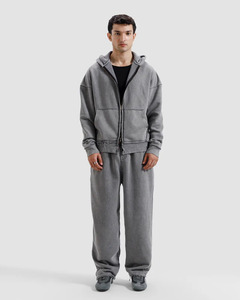 Oversized Soft Washed Gray Hooded <b>Zip</b> <b>Up</b> <b>Jacket</b> Silver Metal Zipper Symmetrical Pockets Ribbed Cuffs Streetwear Men <b>Jacket</b> - Product Image 4
