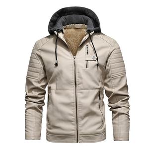 Veste à capuche en cuir PU pour homme, style motard, coupe-vent, doublure en fausse fourrure épaisse, fermeture éclair, couleur unie, vêtements d'hiver - Product Image 2