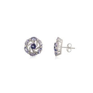 Elegant 925 Sterling <b>Silver</b> Oval & Round Shape Tanzanite & Diamond Swirl Cluster <b>Stud</b> Earrings Wholesale Fine Jewelry - Product Image 3