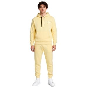 Ensemble de survêtement jaune à capuche pour homme, manches longues, couleur unie, tenue décontractée avec logo imprimé sur le devant, matière en coton respirant, printemps - Product Image 1