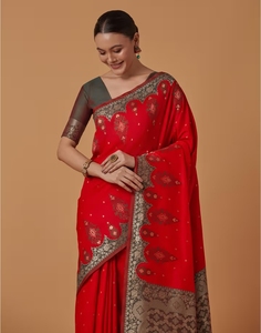 KV <b>Red</b> Banarasi Silk Woven Saree With Unstitched <b>Blouse</b> - Product Image 6