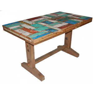 Mesa de Bar de Madera Reciclada de Barco con Tapa de Retazos Estilo Anders, Sistema de Patas Desmontable, Color Rústico Sostenible, Mueble de Pub Original - Product Image 4