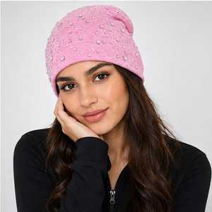 Pink Rhinestone Unisex Adult Winter Warm Knitted <b>Beanie</b> Hat 100% <b>Wool</b> Solid Color Cute Style Cycling Beach Fashion Accessory - Product Image 3