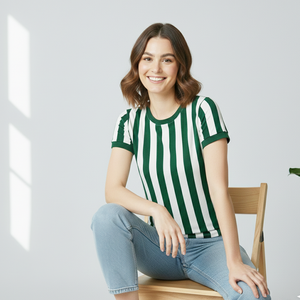 เสื้อยืดลายทางสีขาวเขียวสำหรับผู้หญิง ลดราคาจากโรงงาน รับสั่งทำทุกแบบ - Product Image 1