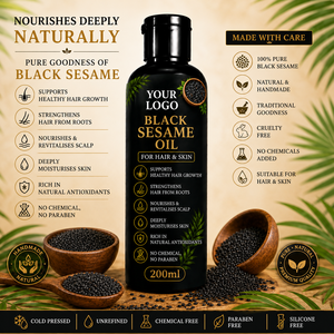 Huile de sésame noire 100% naturelle pour les cheveux et la peau |   Huile de graines de sésame pressée à froid |   Huile nourrissante pour la croissance des cheveux et le soin du cuir chevelu à base de plantes |   OEM - Product Image 2