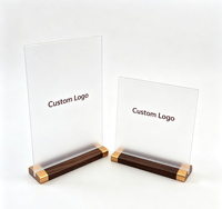 Support d'affichage en acrylique avec logo personnalisé, base en bois, porte-panneau, cadre de menu transparent pour restaurant, bureau, promotion en magasin