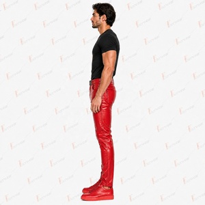 Men's <b>Red</b> PU Coated Straight Fit Casual Pants With <b>Belt</b> And Button Fly Mid Waist Design - Product Image 2