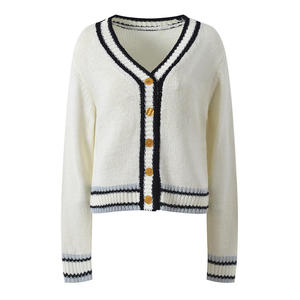 Cárdigan de punto transpirable de algodón con cuello en V para hombre, suéter varsity a rayas en contraste, abotonado frontal, ropa exterior informal al por mayor - Product Image 1