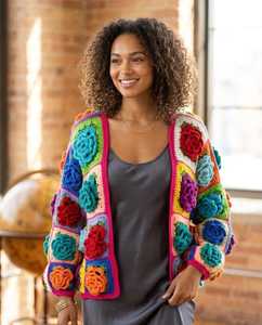 Cardigan en crochet fait main 3D Rose, patchwork floral coloré, style bohème, en laine et cachemire pour femme, taille XL - Product Image 1