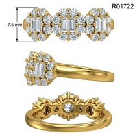 Bague élégante en or jaune 18 carats avec trois pierres, halo de diamants baguette et ronds, bijoux fins, prise en charge de la conception CAO personnalisée
