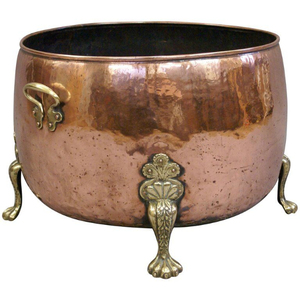 Vintage Copper Hammered Planter <b>Pot</b> with Brass Handles and <b>Feet</b> Living Room <b>Plant</b> Container Decorative Tabletop Planter - Product Image 1
