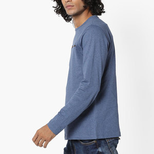 T-shirt à manches longues pour homme, col rond, bleu uni, jersey de coton, coupe ajustée, vêtement décontracté, détail fermeture éclair sur le devant - Product Image 4