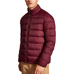 Men's Burgundy Stand Collar Puffer <b>Jacket</b> Windproof Casual Winter <b>Jacket</b> Regular <b>Fit</b> Zipper Closure Solid Color <b>Slim</b> Style - Product Image 1