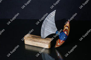 Couteau de cuisine OEM ODM Ulu ultra-affûté, lame en damas en forme de croissant, manche en bois Pakka, style Alaskan en laiton, vente en gros - Product Image 6