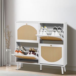 Scarpiera a 2 ripiani con 4 vani, a gamba alta, in rattan curvo, in truciolato e rattan sintetico, 105x24x98 cm, con telaio bianco - Product Image 1