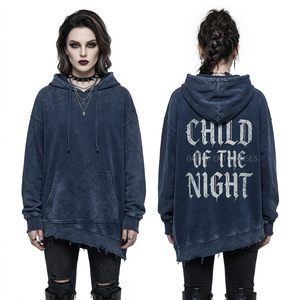 Sweat-shirt personnalisé bleu pierre vieilli, délavé à l'acide, à ourlet asymétrique, style streetwear, avec imprimé texte gothique « Child of the Night » - Product Image 1