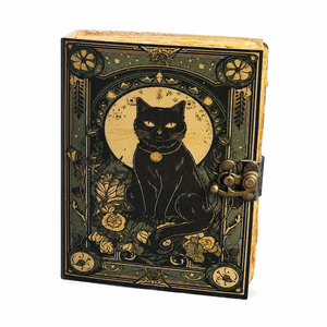 NEW ERA NEO-GM Black Cat Moon Leather Hardcover <b>Diary</b> Brass Clasp Vintage Art Design Antique Deckle Edge Sewn Binding 100 Sheets - Product Image 1