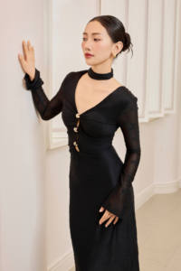 Vietnam KD75 Maxi Stretch butterfly-pattern lace DARK DAHILA - Lace Floral Knit Dress with Button-Front and Butterfly Dress - Product Image 4