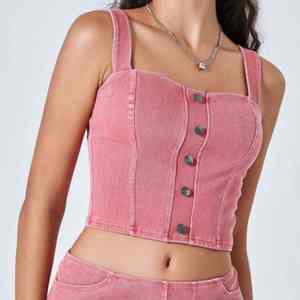 Top Corto Elástico de Cuello Cuadrado con Diseño Reductor y Relleno en el Pecho para Mujer, Estilo Denim - Product Image 5