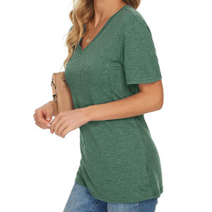 Camiseta de Manga Corta con Cuello en V para Mujer, 100% Algodón, Transpirable, Verde Sólido, Corte Regular, Informal, con Bolsillo, para Primavera y Verano - Product Image 4