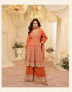 Ensemble Salwar Kameez en soie brodée orange pour femmes avec dupatta, tenue traditionnelle, coupe régulière, longueur au sol, vêtements indiens pakistanais - Product Image 1