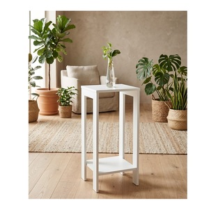 Nordic Matte White Pedestal Accent <b>Table</b> 2 Layer Tall <b>Square</b> Coffee <b>Table</b> with Clean-Lined Block Legs and Inset Tiered Shelves - Product Image 3