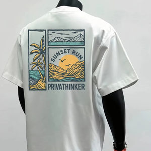 Camiseta Casual de Manga Corta de Algodón para Hombre y Mujer con Estampado Gráfico Sunset Run Privathinker, Escena de Playa de Verano - Product Image 1