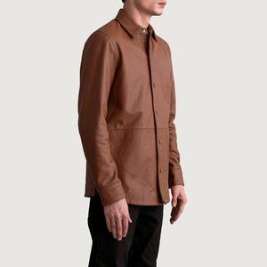 Relevo Industries <b>Men's</b> <b>Brown</b> <b>Leather</b> Shirt <b>Jacket</b> Turn-down Collar Regular Fit Workwear Style Autumn Wear For <b>Men</b> - Product Image 4