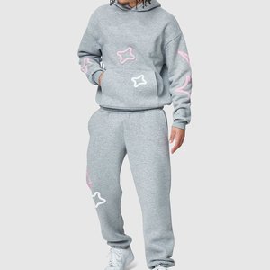 Most Selling Custom Logo Mens Gray Hooded <b>Tracksuit</b> <b>Set</b> With <b>Pink</b> Star Print Full Sleeve Casual Joggers Side Pockets Autumn Wear - Product Image 1