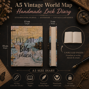 <b>A5</b> Vintage World Map Handmade Lock Diary | Eco Friendly Hardcover Travel Journal Planner with Compass Design Artistic Gift Set - Product Image 6