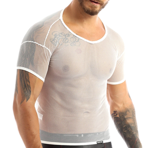 Camiseta sin mangas de malla transparente 100% algodón para hombre con logo frontal y serigrafía - Product Image 6