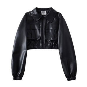QASWA SPORTS Custom Women Cropped Leather Bomber <b>Jacket</b> Turn Collar Pocket Zipper Elastic Hem Casual Streetwear Vintage - Product Image 4