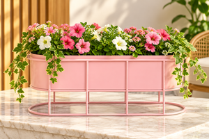 Maceta Moderna de Metal Rosa con Soporte de Hierro a Juego, Maceta Ovalada Decorativa para Interiores, Exteriores, Jardín, Hogar y Patio - Product Image 5