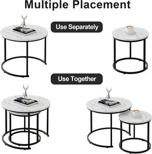 Modern <b>Round</b> Nesting Coffee <b>Tables</b> Set of 2 with White Marble Finish and <b>Black</b> Metal Frame Contemporary Living Room <b>Side</b> <b>Tables</b> - Product Image 6